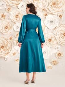 Modelyn Women's Embossed Rhinestone 3d Flower Decorated Lantern Sleeve Wrap Dress