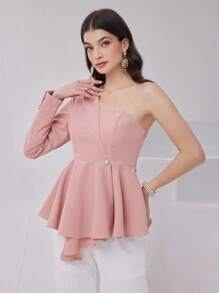 Modelyn 女士純色不對稱領扣鈕開衫,配鬆緊束腰設計 - 粉色 - 查看 3