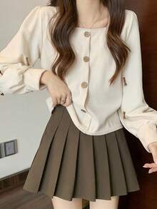 女士时尚纯色长袖纽扣领衬衫、长袖上衣 - 杏色 - 查看 3