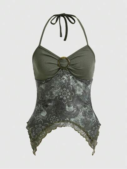 Hippie Top halter con stampa floreale anello collegato