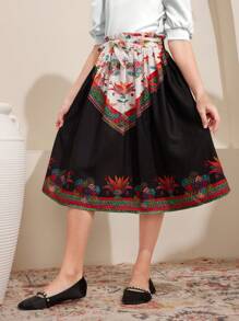 SHEIN 少女們寬鬆可愛的印花擺裙,適合日常穿著 - 黑色 - 查看 3