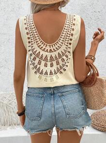 SHEIN VCAY Camisa Sin Mangas Para Mujer Con Detalles De Encaje Y Espalda Entrecruzada - Albaricoque - Ver 1