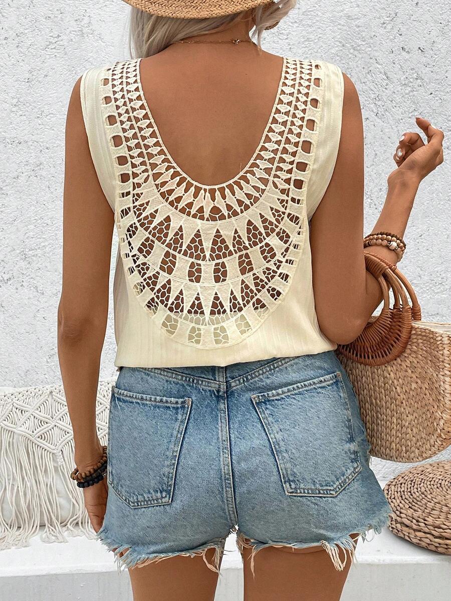 SHEIN VCAY Camisa Sin Mangas Para Mujer Con Detalles De Encaje Y Espalda Entrecruzada - Albaricoque - Ver 1