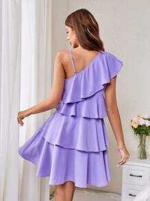 SHEIN Privé 母女搭配浪漫分層荷葉邊蛋糕連身裙,帶有單肩帶,適合母親節 - 紫色 - 查看 2