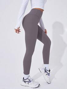 SHEIN Sports 女士纯色高腰日常健身紧身瑜伽裤 - 淺灰紫 - 查看 4