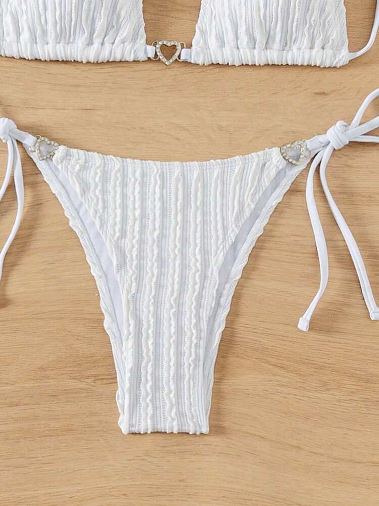 纯色纹理比基尼套装夏季海滩 - 白色 - 查看 3