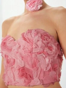 Enchnt Summer Women's Short Floral Cut Out Strapless Corset Top