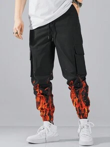 Manfinity EMRG 男火印花彈性褲腳工裝褲 - 黑色 - 查看 5