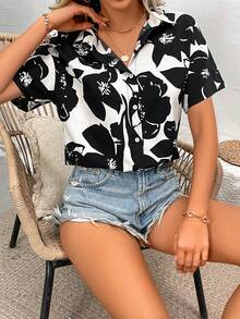 SHEIN Essnce 女士花卉印花短袖襯衫 - 寶藍色 - 查看 3