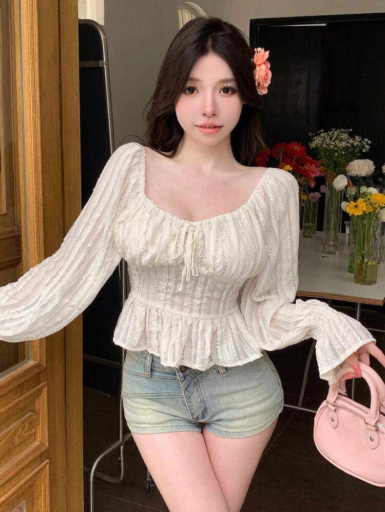 Women's Off Shoulder Flare Sleeve Tie Waist Shirt,Ruffle,Babydoll Top,Fall Women Clothes Long Sleeve Top