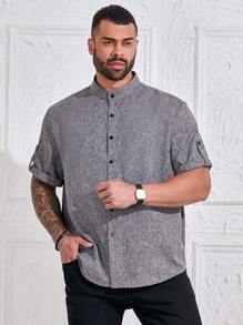 Manfinity Homme Áo sơ mi nam tay ngắn cổ bẻ cài nút cỡ lớn, đơn giản, thường ngày, mặc đi chơi, cài nút màu xám cho nam, áo sơ mi nam tay ngắn màu xám, áo sơ mi nam họa tiết - Xám - Xem 4
