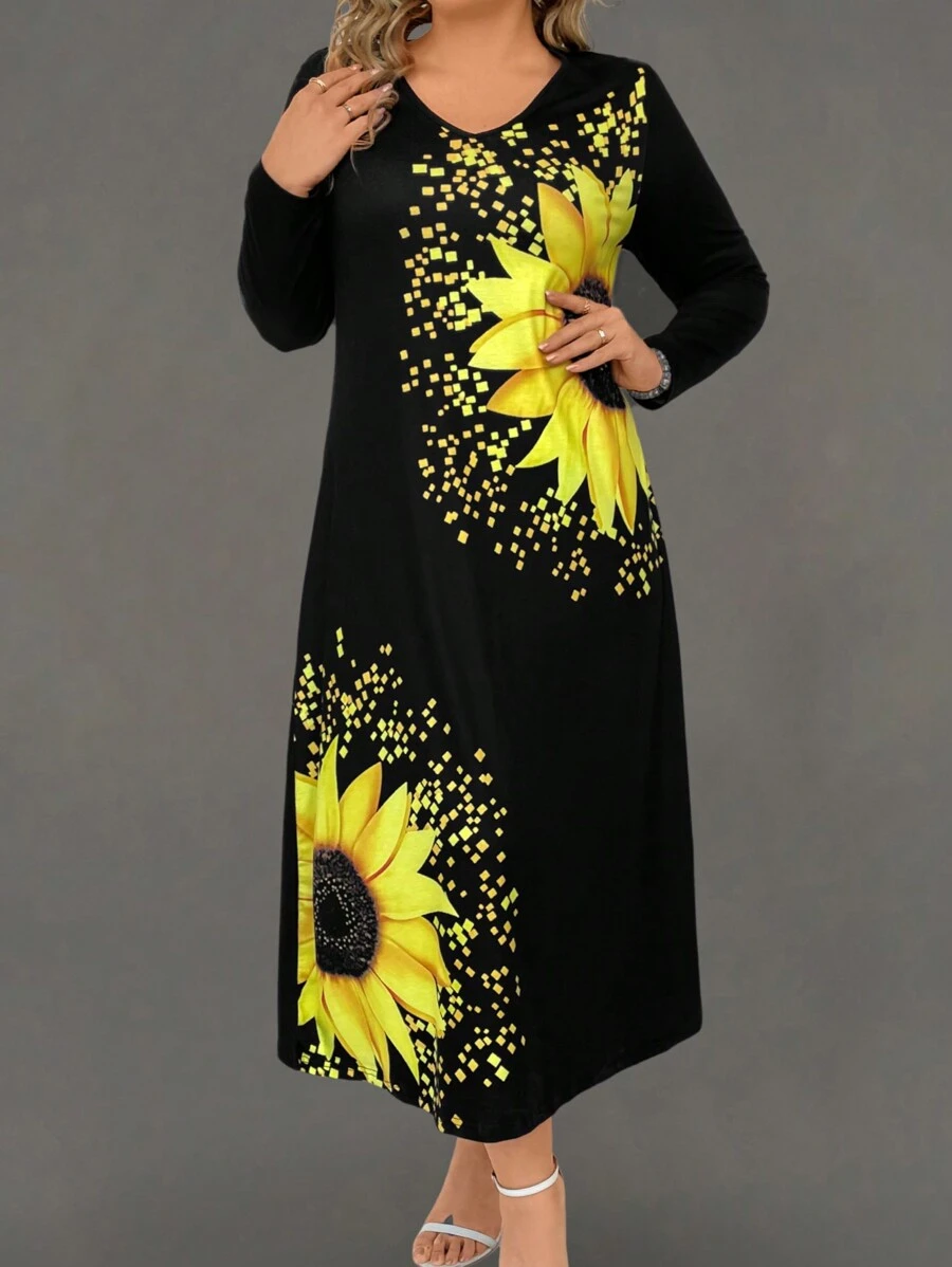 EMERY ROSE Talla grande Vestido con estampado de girasol con bolsillo oculto - Negro - Ver 1
