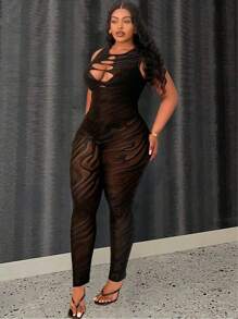 Maweii 大碼中空網眼緊身連體褲 - 黑色 - 查看 4