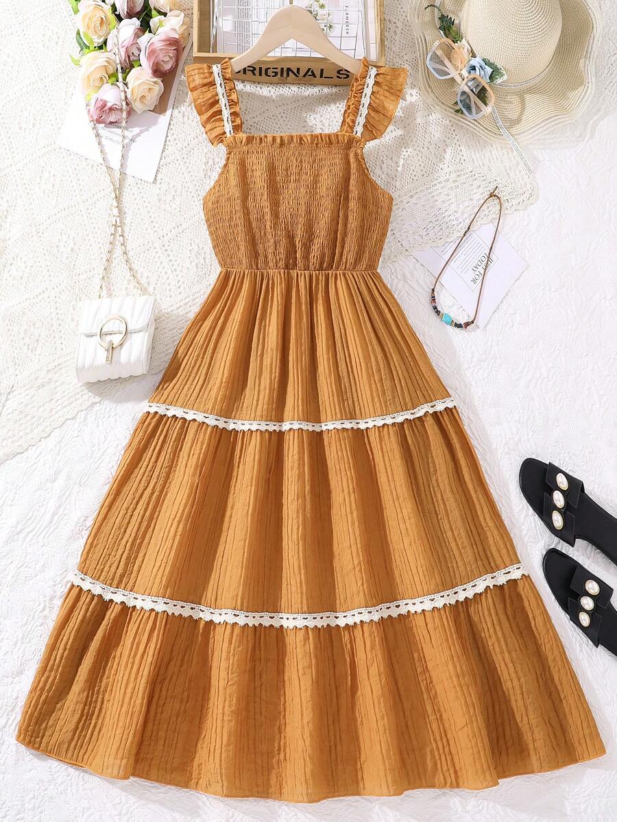 少女休闲别致荷叶边褶皱多层 A 字裙，荷叶边和短袖，适合度假、聚会、日常外出和与朋友聚会 - 摩卡棕 - 查看 1