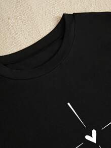 BamGleam Áo thun nữ tay ngắn dáng ôm vừa vặn in hình trái tim - màu đen - Xem 4