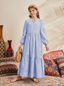 SHEIN 少女寬鬆針織休閒條紋長袖連身裙,配帶凹口領