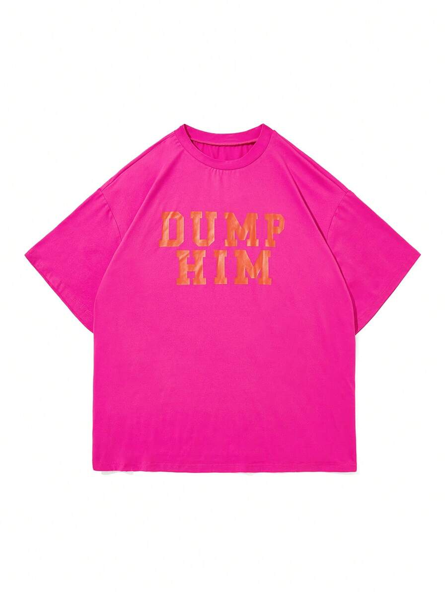 SHEIN EZwear CURVE Kích thước lớn Chữ cái In Thả vai Ngắn tay Áo thun - Màu Hồng Tươi - Xem 1