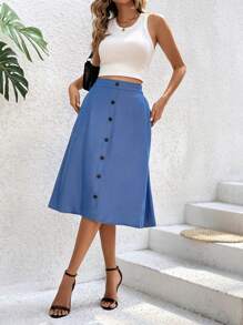 SHEIN Essnce Của phụ nữ Nút đơn Khép kín Váy Với Túi - Màu xanh lam - Xem 5