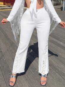 SHEIN SXY Distressed Washed Whisker Straight Jeans  Music Festival Western Wear Women Festival Outfits, Women Cruise Outfit - White - View 5