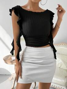 Zolique 純色荷葉邊修身短款t恤 - 黑色 - 查看 7