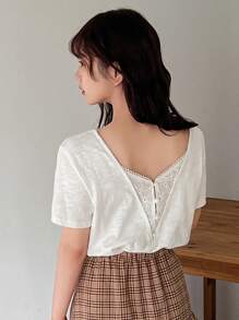 FRIFUL 女性純色中空刺繡拼接T恤