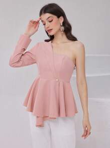 Modelyn 女士純色不對稱領扣鈕開衫,配鬆緊束腰設計 - 粉色 - 查看 1