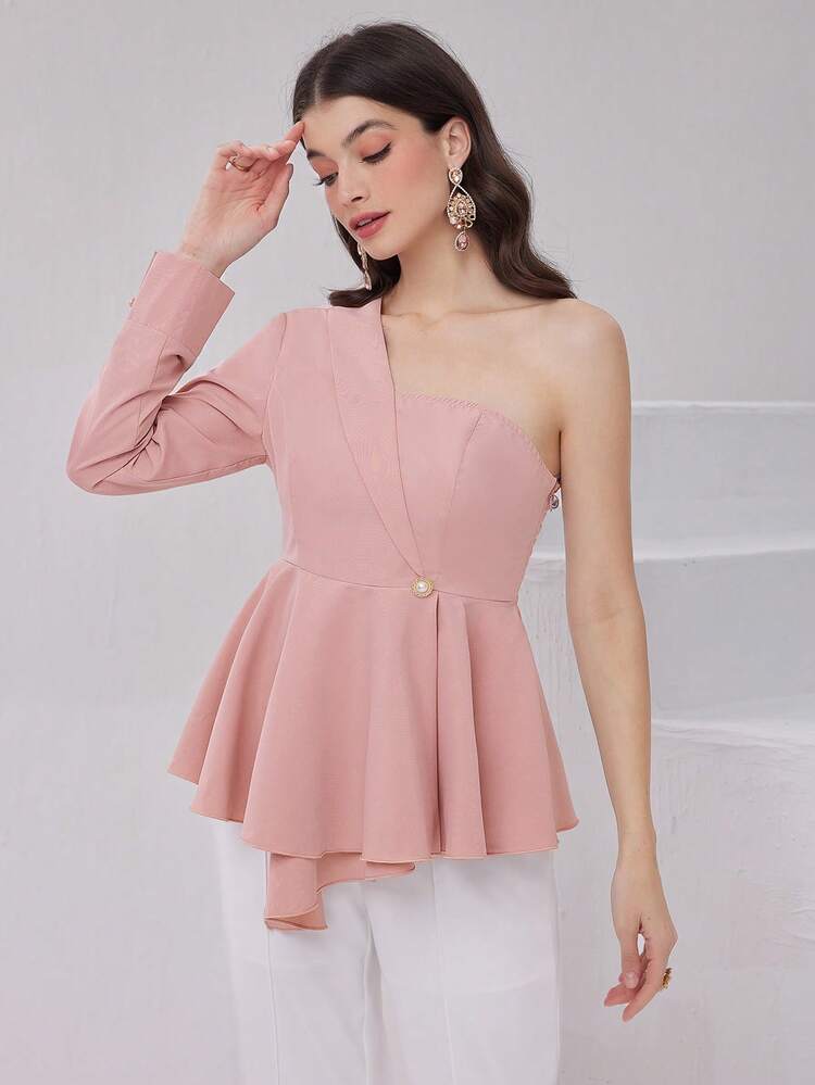 Women's Solid Color Asymmetrical Collar Button Down Shirt With Drawstring Waist