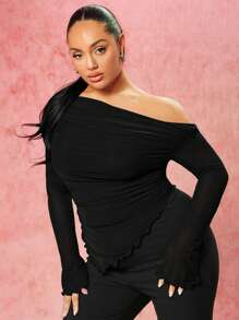 SHEIN BAE Off-Shoulder Brown Mesh Plus Size Long-Sleeved T-Shirt - Black - View 5