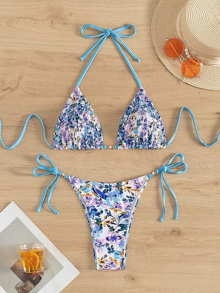 Ladies' Ditsy Floral Pattern Bikini Set, String Bikini Set Swimwear Bathing Suit Beach Outfit Summer Vacation Summer Beach
