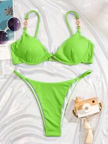 SHEIN Swim 女士夏日海灘霓虹比基尼套裝，泳裝音樂節夏季必備 - 青檸色 - 查看 6