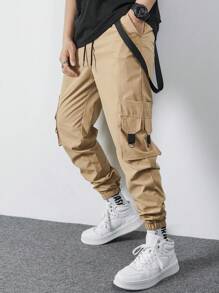 Manfinity EMRG 男士抽绳腰带口袋工装裤 卡其裤 - 卡其色 - 查看 7