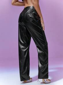 SHEIN Unity Side Crossed Straps Crocodile Pattern Cutout Embossed Pants - Black - View 2