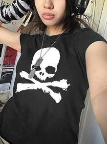 INAWLY 女士骷髅印花圆领短袖 T 恤 情绪化图案 T 恤 女式上衣 - 黑色 - 查看 3