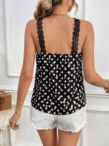 SHEIN Frenchy Women's Polka Dot Printed Lace Trim Camisole, Spliced Clashing Hollow Out Lace Lace, Summer Women's Clothing, Glitter Tops, Stamped Polka Dot Patterns, Black Lace Tops, Flutter Tank Top, Spring Break Women's Clothing, Casual Vacation Everyday - Multicolor - View 3