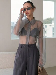 Dazy Designer Women's See-Through Long Sleeve Top With Collar And Unique Design - Grey - View 4