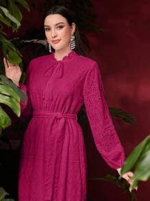 Mulvari 空心刺繡細節,打結領頸和燈籠袖禮服 - 玫紅色 - 查看 4