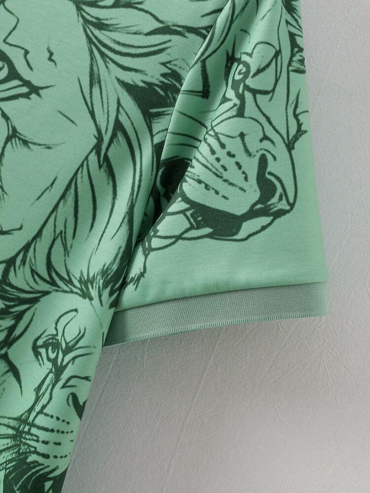 Men's Lion Print Short Sleeve Polo Shirt