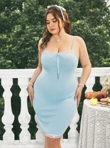 Dreamara Plus Size Lace Splicing Sleeveless Dress - Blue - View 3
