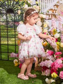 Baby Girl Elegant Floral Mesh Bubble Sleeve Princess Style Dress