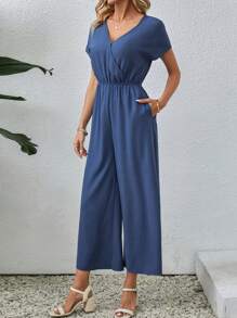 EMERY ROSE 實色交叉v領斜口袋連體褲 - 藍色 - 查看 4