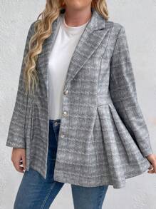 SHEIN Clasi 女性加大尺寸格紋翻領西裝外套 - 灰色 - 查看 3