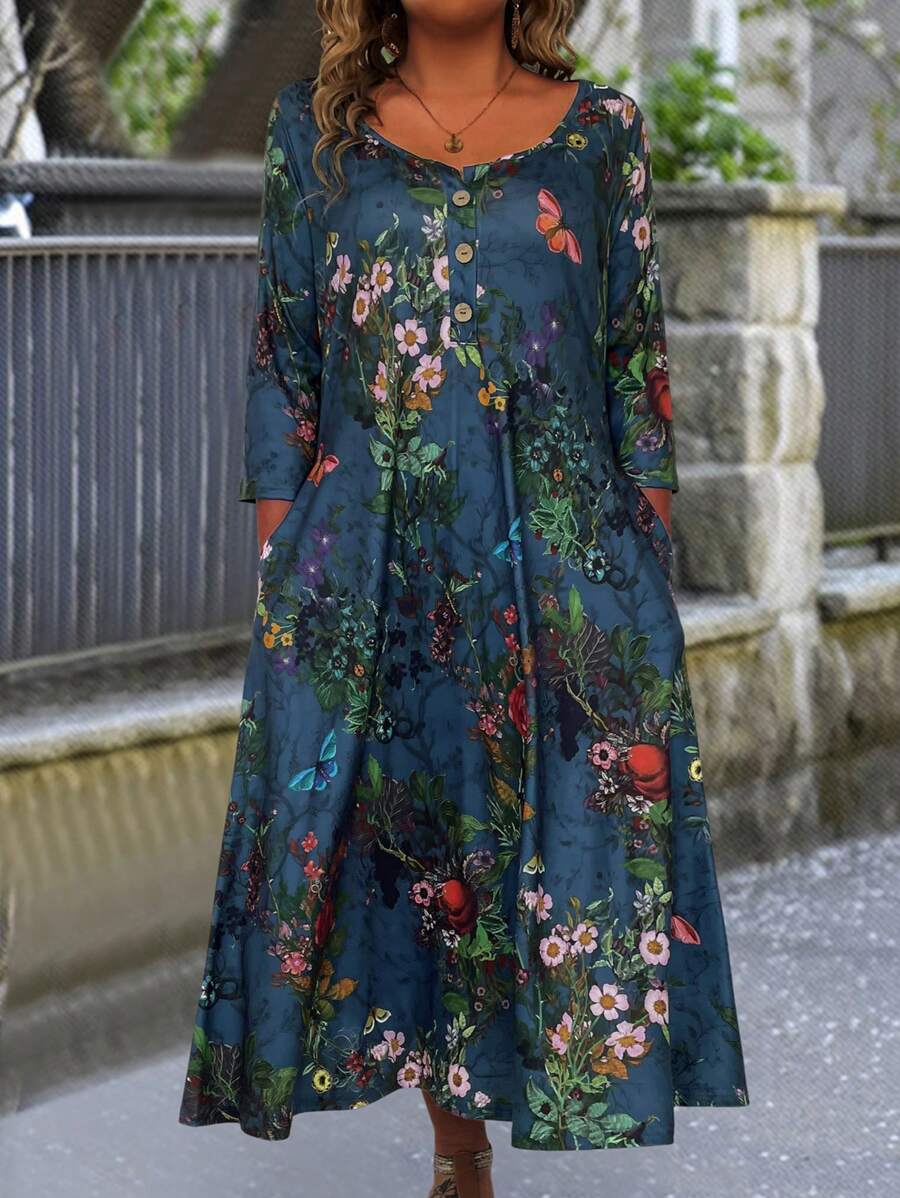 EMERY ROSE Plus Size Floral Print Half Button Front Sheath Dress - Multicolor - View 1