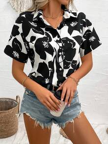 SHEIN Essnce 女士花卉印花短袖襯衫 - 寶藍色 - 查看 6