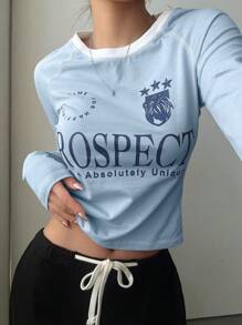 DAZY Women's Slogan Printed Round Neck Long Raglan Sleeve T-Shirt Jersey,Fall Clothes Long Sleeve Women Tops - Blue - View 4