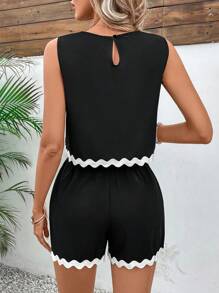 EMERY ROSE 色塊休閒套裝,帶有扇貝邊緣裝飾 - 黑色 - 查看 2