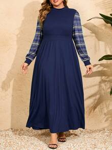 Mulvari 加大尺碼女士立領幾何印花長袖連衣裙,拼接設計 - 藏蓝色 - 查看 4