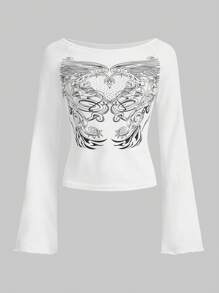 ROMWE Fairycore 心和翅膀印花T恤 - 白色 - 查看 1