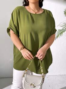 SHEIN CURVE+ Blusa Básica De Manga Enrollada De Talla Grande - Verde - Ver 7