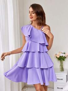 SHEIN Privé 母女搭配浪漫分層荷葉邊蛋糕連身裙,帶有單肩帶,適合母親節 - 紫色 - 查看 5