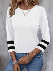 SHEIN LUNE Color Block Round Neck Long Sleeve Casual T-Shirt Graphic Tees Women Tops For Spring - White - View 6